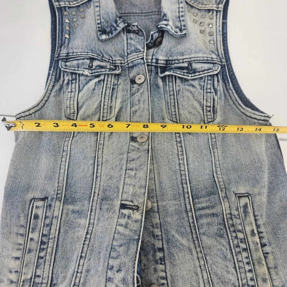 Vintage y2k Distressed Studded Denim Trucker Punk Grunge Jean Jacket Vest‎ Jr Sm